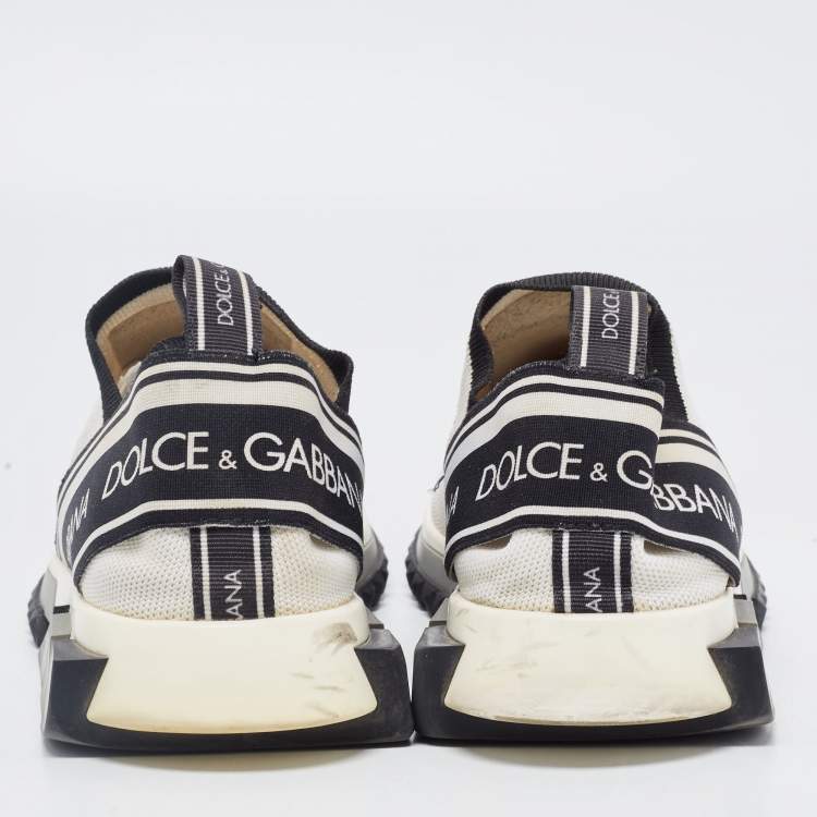 Pre Owned Dolce & Gabbana White/Black Fabric Sorrento Logo Print Slip On Sneakers Size 42