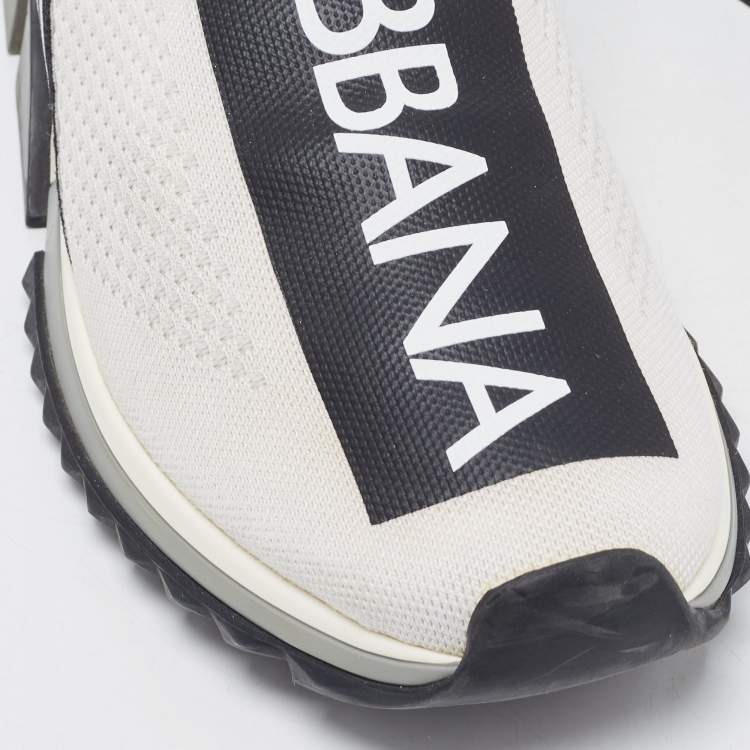 Pre Owned Dolce & Gabbana White/Black Fabric Sorrento Logo Print Slip On Sneakers Size 42