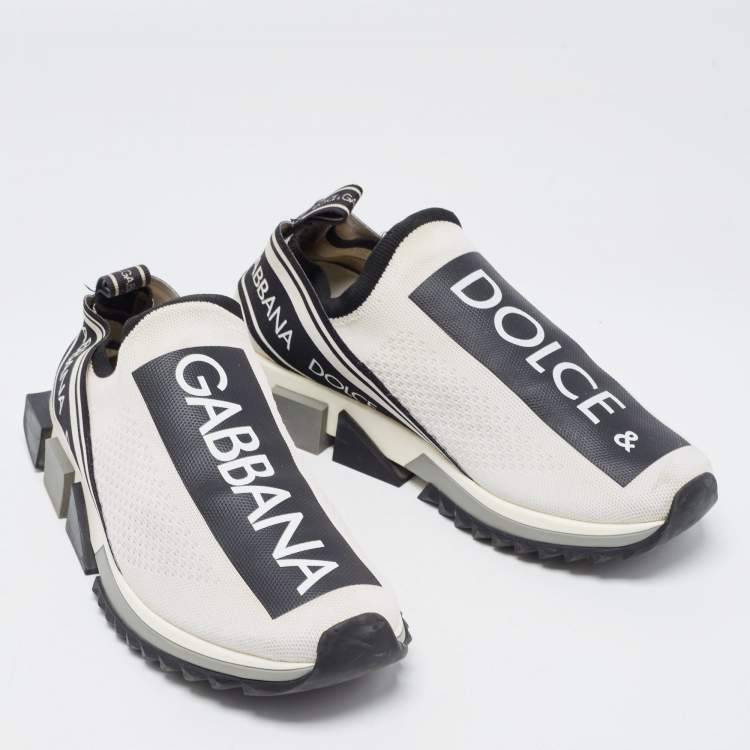 Pre Owned Dolce & Gabbana White/Black Fabric Sorrento Logo Print Slip On Sneakers Size 42