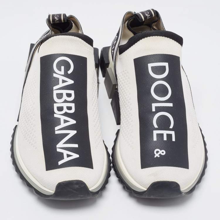 Pre Owned Dolce & Gabbana White/Black Fabric Sorrento Logo Print Slip On Sneakers Size 42