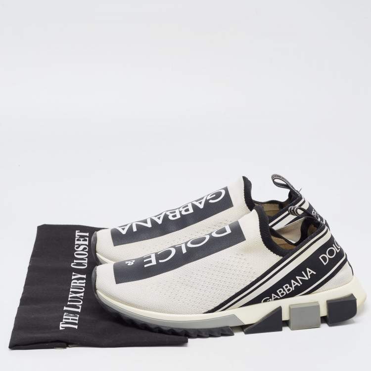 Pre Owned Dolce & Gabbana White/Black Fabric Sorrento Logo Print Slip On Sneakers Size 42