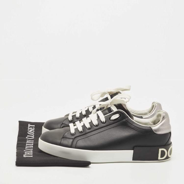 Pre Owned Dolce & Gabbana Black/Grey Leather Portofino Trainer Sneakers Size 41