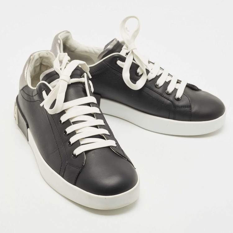 Pre Owned Dolce & Gabbana Black/Grey Leather Portofino Trainer Sneakers Size 41