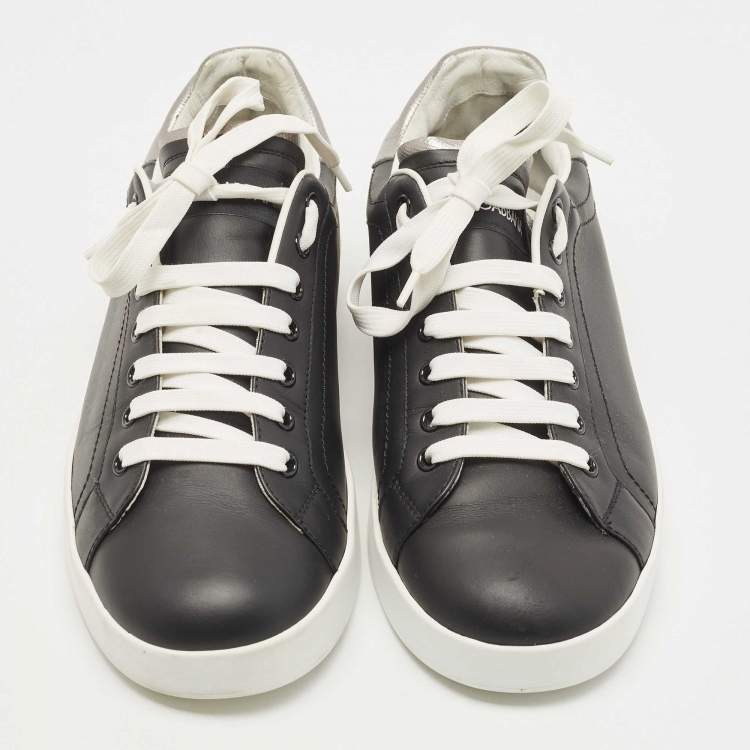 Pre Owned Dolce & Gabbana Black/Grey Leather Portofino Trainer Sneakers Size 41