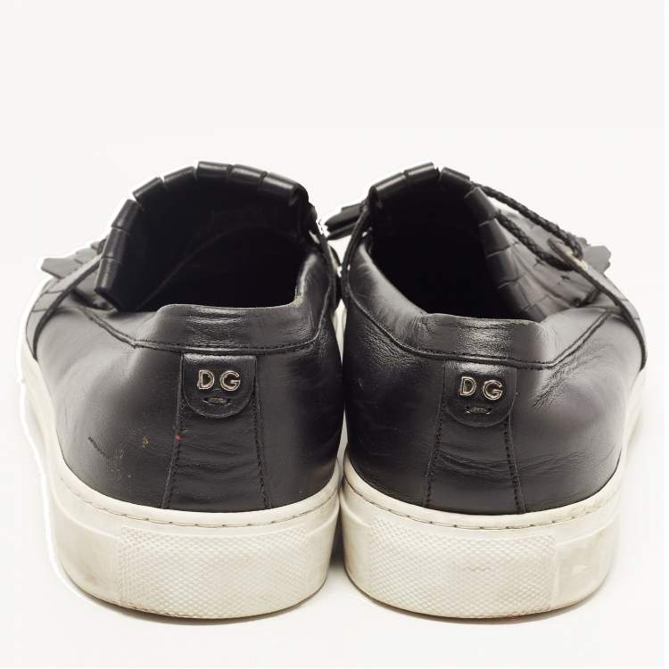 Pre Owned Dolce & Gabbana Black Leather Fringe Slip On Sneakers Size 41.5
