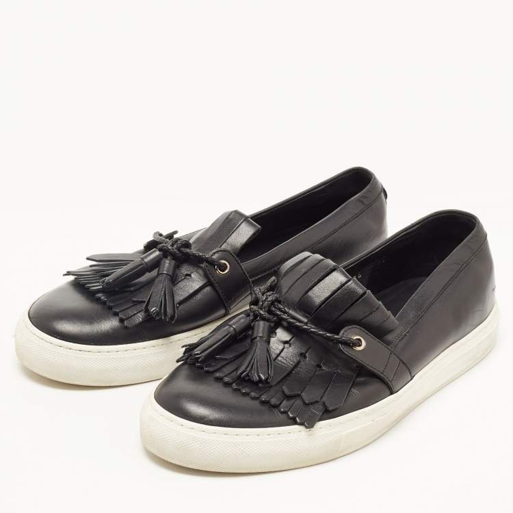 Pre Owned Dolce & Gabbana Black Leather Fringe Slip On Sneakers Size 41.5