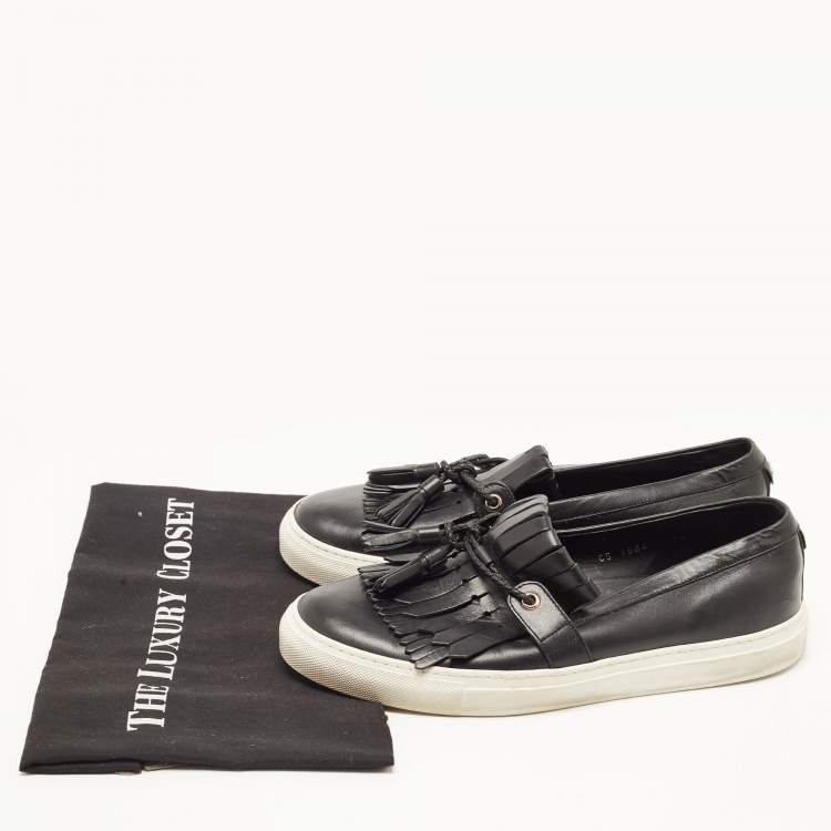 Pre Owned Dolce & Gabbana Black Leather Fringe Slip On Sneakers Size 41.5