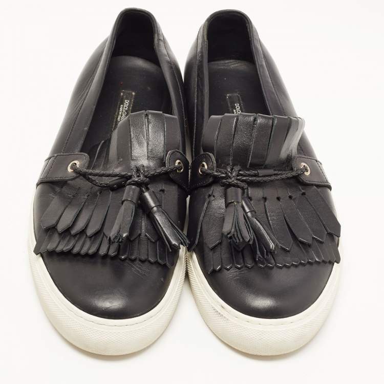 Pre Owned Dolce & Gabbana Black Leather Fringe Slip On Sneakers Size 41.5