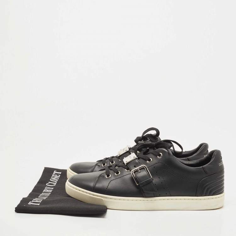 Pre Owned Dolce & Gabbana Black Leather Whipstitch Trim Sneakers Size 41.5