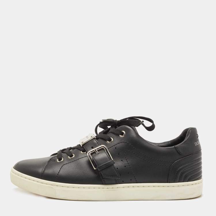 Pre Owned Dolce & Gabbana Black Leather Whipstitch Trim Sneakers Size 41.5