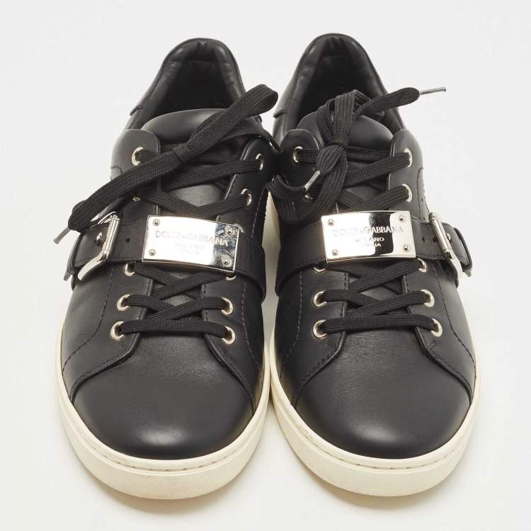 Pre Owned Dolce & Gabbana Black Leather Whipstitch Trim Sneakers Size 41.5