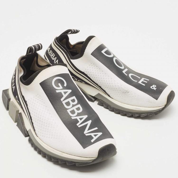 Pre Owned Dolce & Gabbana White/Black Logo Print Knit Fabric Sorrento Sneakers Size 41.5 
