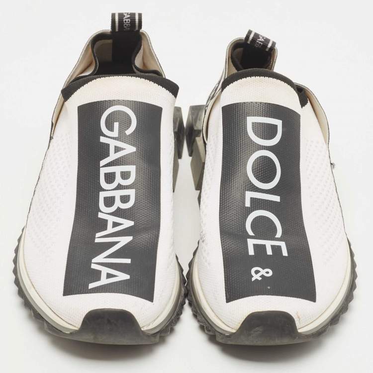 Pre Owned Dolce & Gabbana White/Black Logo Print Knit Fabric Sorrento Sneakers Size 41.5 