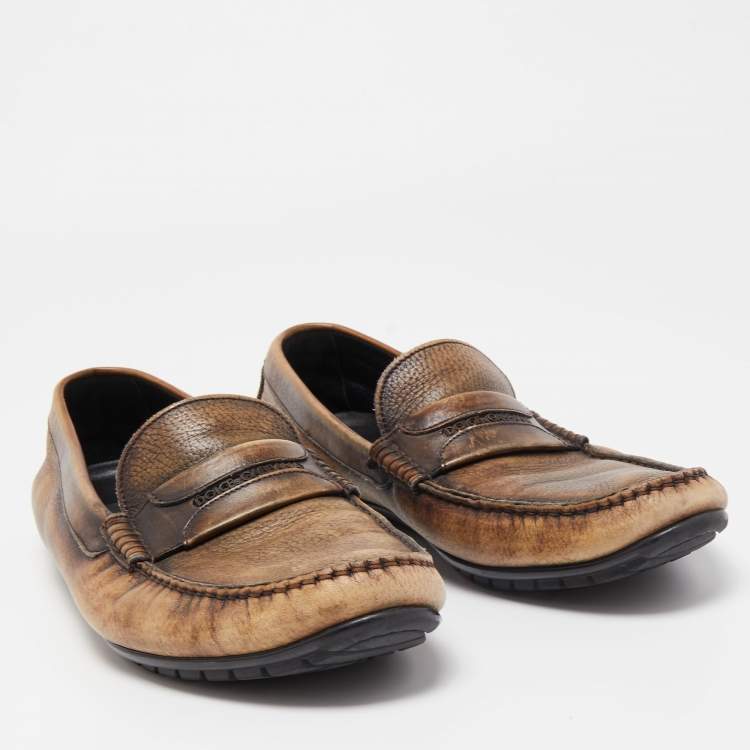 Pre Owned Dolce & Gabbana Brown Leather Slip On Loafers Size 44