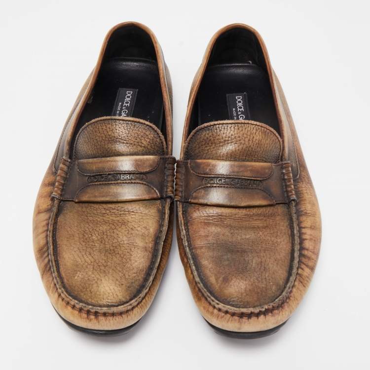 Pre Owned Dolce & Gabbana Brown Leather Slip On Loafers Size 44