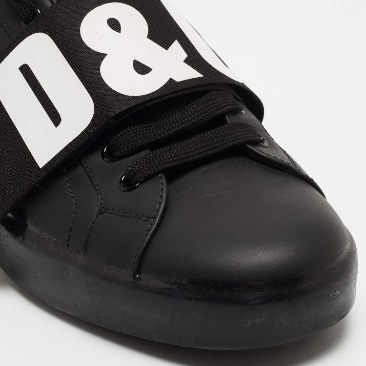 Pre Owned Dolce & Gabbana Black Leather Elastic Logo Low Top Sneakers Size  42