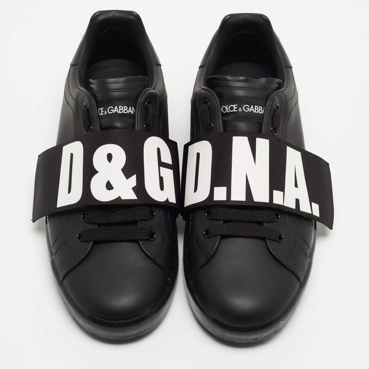 Pre Owned Dolce & Gabbana Black Leather Elastic Logo Low Top Sneakers Size  42