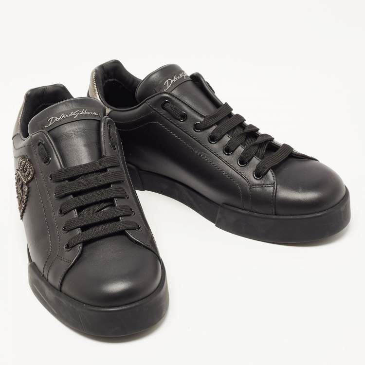 Pre Owned Dolce & Gabbana Black Portofino Leather Low Top  Sneakers Size 41