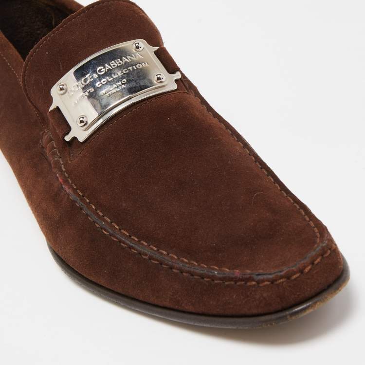 Pre Owned Dolce & Gabbana Brown Suede And Leather Logo Plate Slip On Loafers Size 45