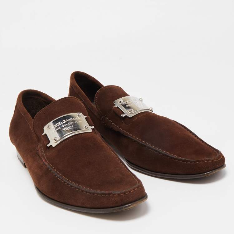 Pre Owned Dolce & Gabbana Brown Suede And Leather Logo Plate Slip On Loafers Size 45