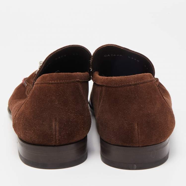 Pre Owned Dolce & Gabbana Brown Suede And Leather Logo Plate Slip On Loafers Size 45
