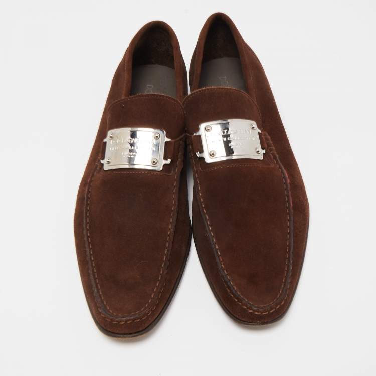 Pre Owned Dolce & Gabbana Brown Suede And Leather Logo Plate Slip On Loafers Size 45