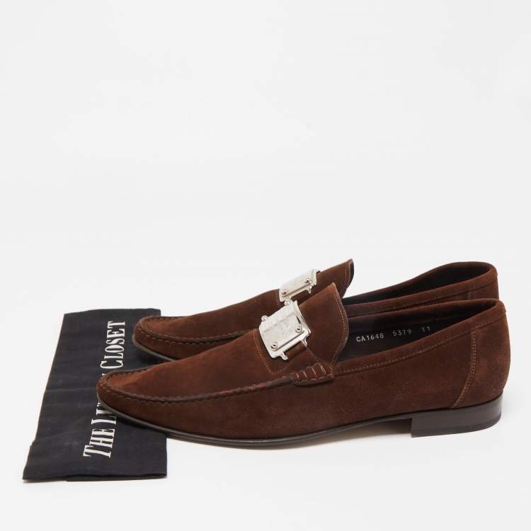 Pre Owned Dolce & Gabbana Brown Suede And Leather Logo Plate Slip On Loafers Size 45