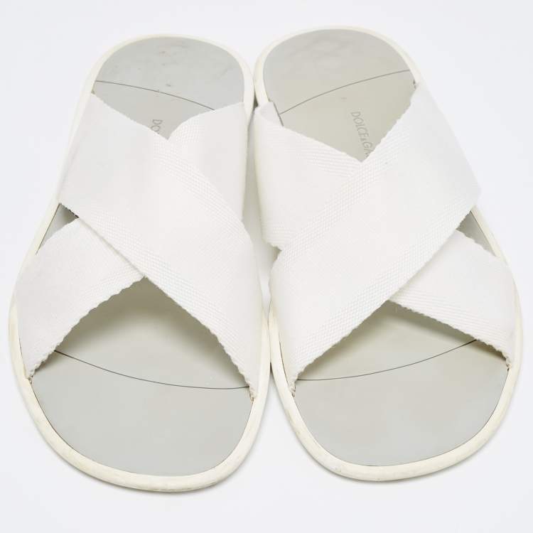 Pre Owned Dolce & Gabbana White Canvas Crisscross Slide Flats Size 41.5