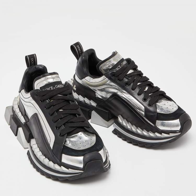 Pre Owned Dolce & Gabbana Black/Silver Leather and Patent Super King Platform Sneakers Size 41