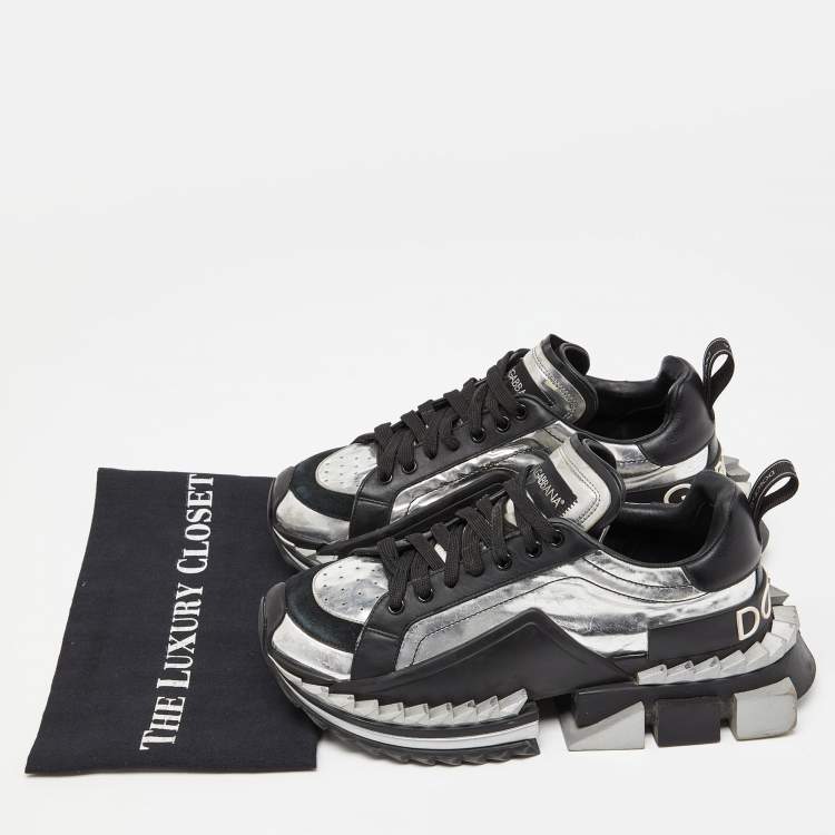 Pre Owned Dolce & Gabbana Black/Silver Leather and Patent Super King Platform Sneakers Size 41