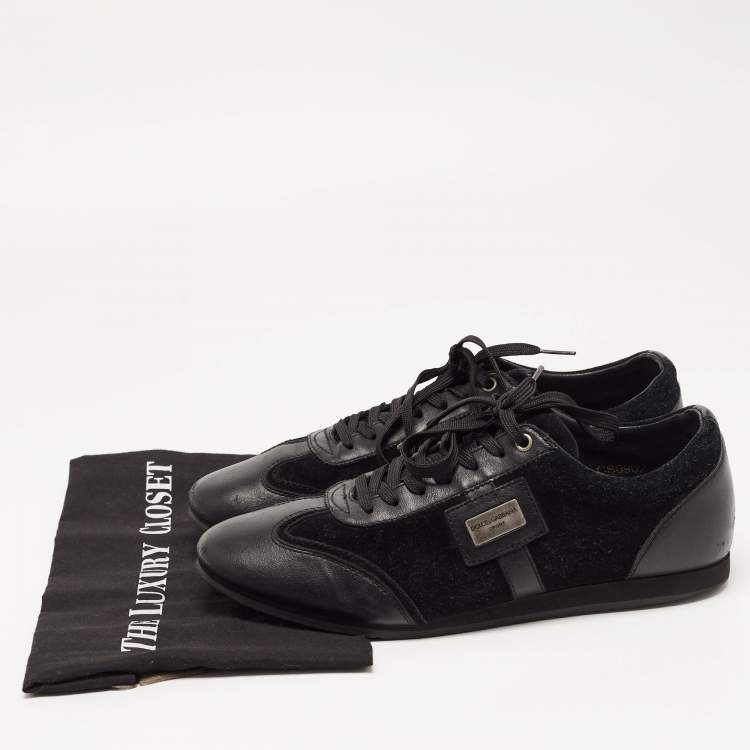 Pre Owned Dolce & Gabbana Black Suede and Leather Logo Plaque Lace Up Sneakers Size 42.5