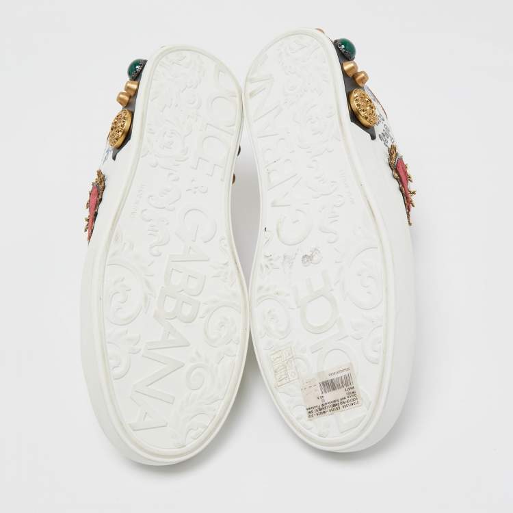 Pre Owned Dolce & Gabbana White Leather Portofino Graffiti Heart Applique Low Top Sneakers Size 43.5