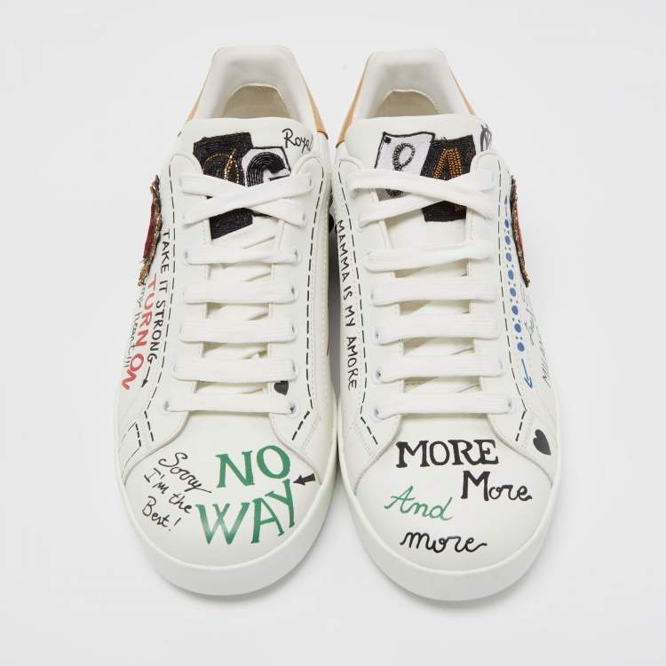 Pre Owned Dolce & Gabbana White Leather Portofino Graffiti Heart Applique Low Top Sneakers Size 43.5