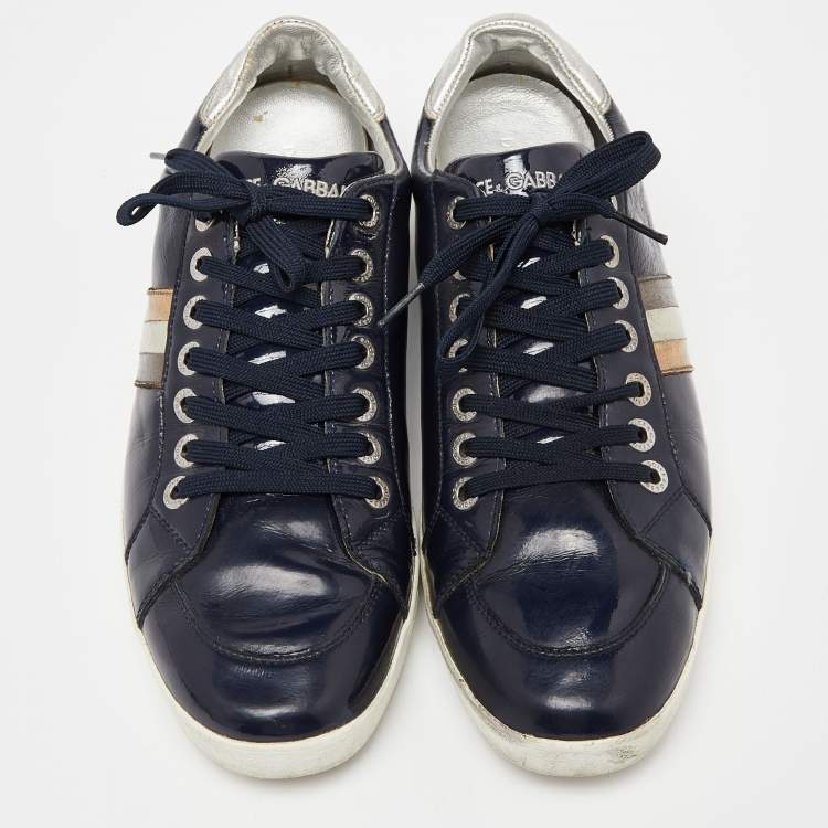 Pre Owned Dolce & Gabbana Navy Blue/Silver Patent Leather Low Top Sneakers Size 43