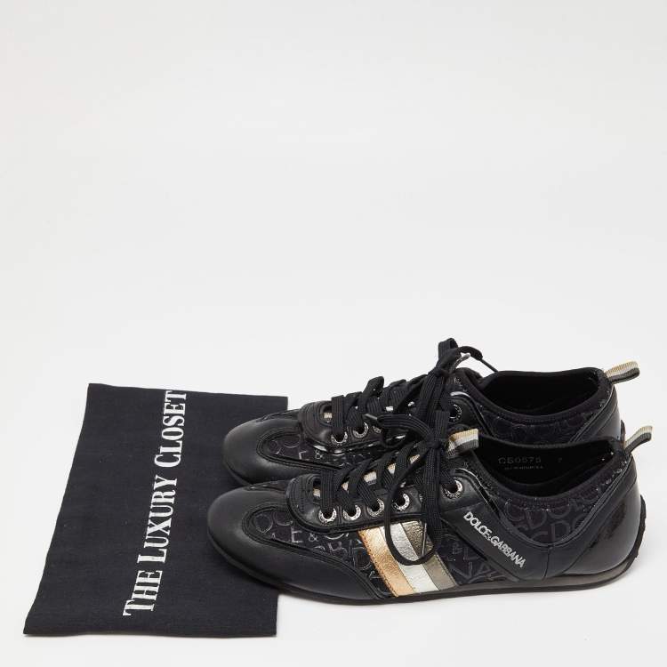 Pre Owned Dolce & Gabbana Black Leather and Fabric logo Lace Up Sneakers Size 41