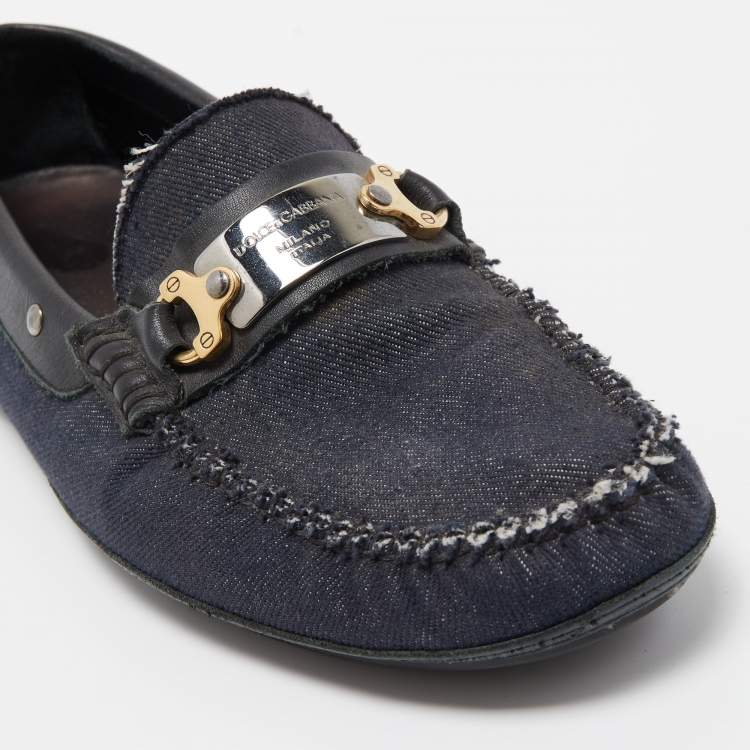 Pre Owned Dolce & Gabbana Navy Blue/Black Denim and Studded Leather Loafers Size 40