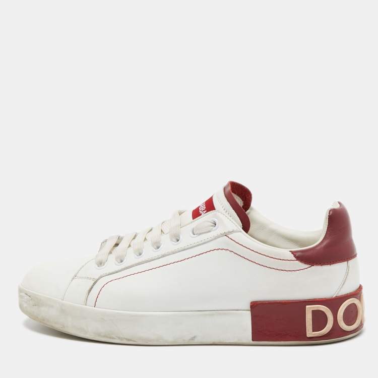 Pre Owned Dolce & Gabbana White/Red Leather Portofino Low Top Sneakers Size 39.5