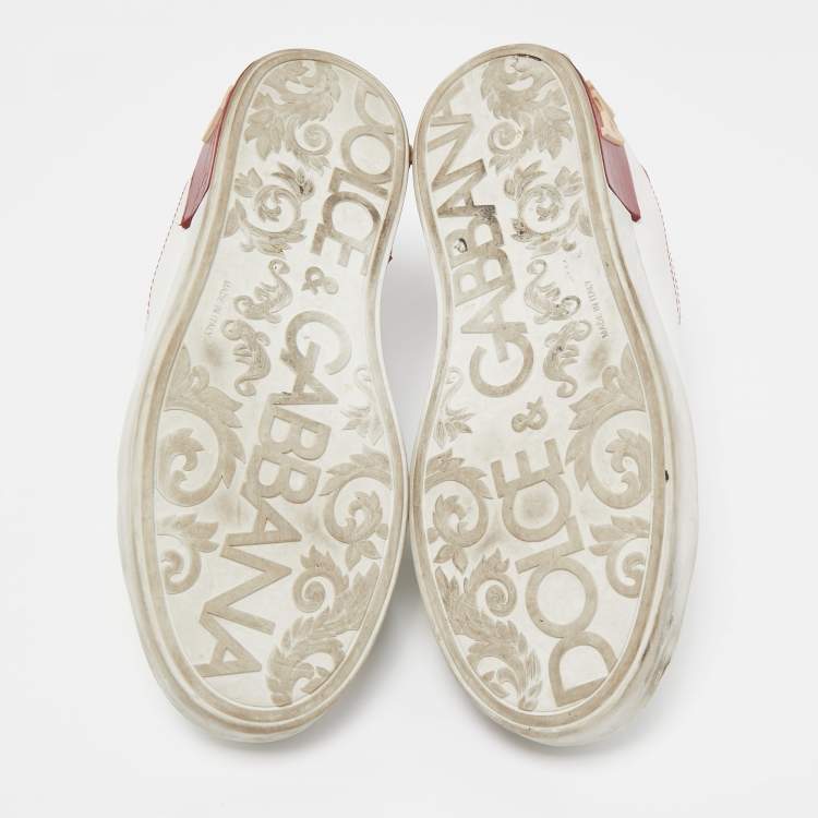 Pre Owned Dolce & Gabbana White/Red Leather Portofino Low Top Sneakers Size 39.5