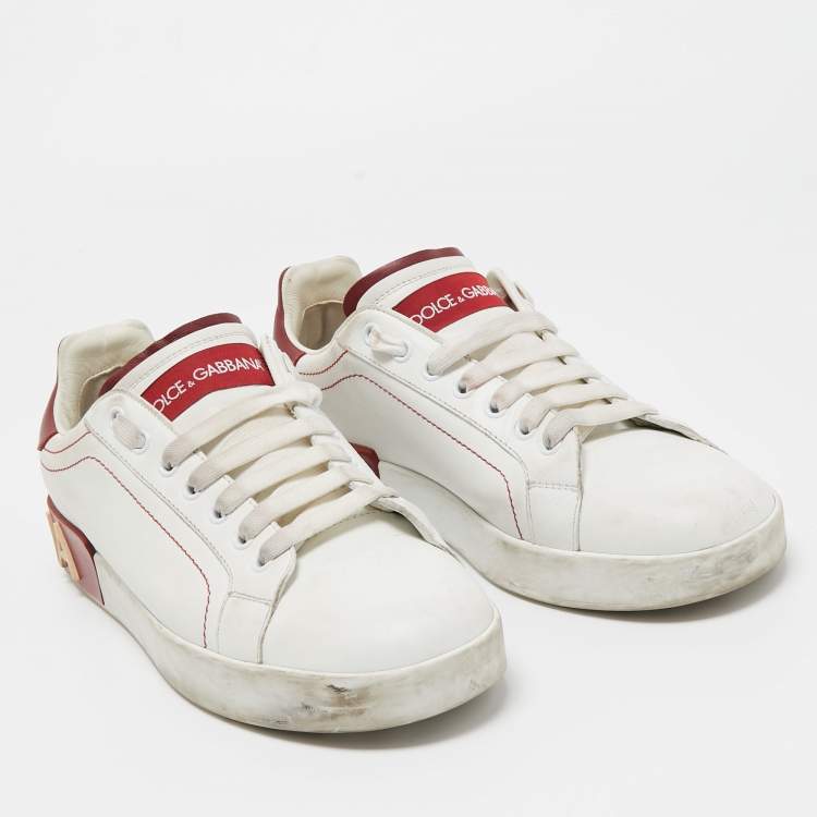 Pre Owned Dolce & Gabbana White/Red Leather Portofino Low Top Sneakers Size 39.5