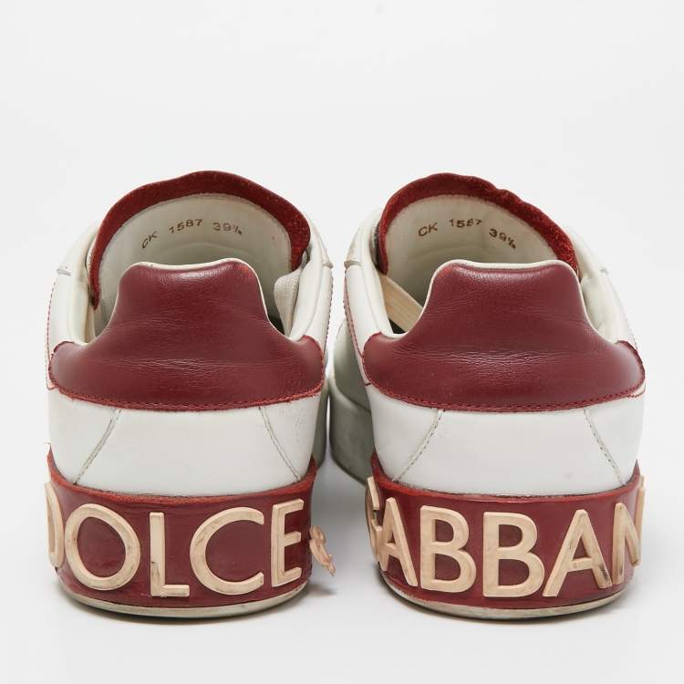 Pre Owned Dolce & Gabbana White/Red Leather Portofino Low Top Sneakers Size 39.5