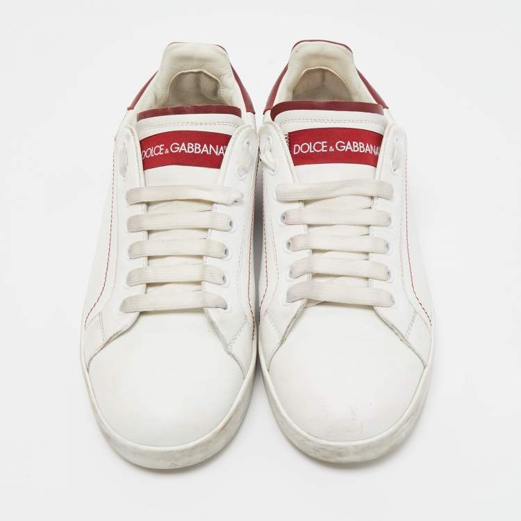 Pre Owned Dolce & Gabbana White/Red Leather Portofino Low Top Sneakers Size 39.5