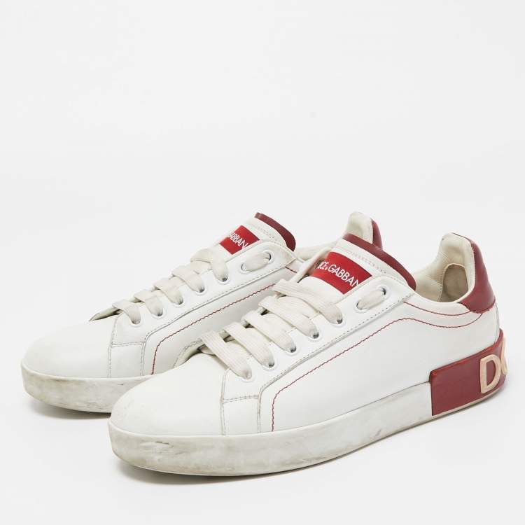 Pre Owned Dolce & Gabbana White/Red Leather Portofino Low Top Sneakers Size 39.5