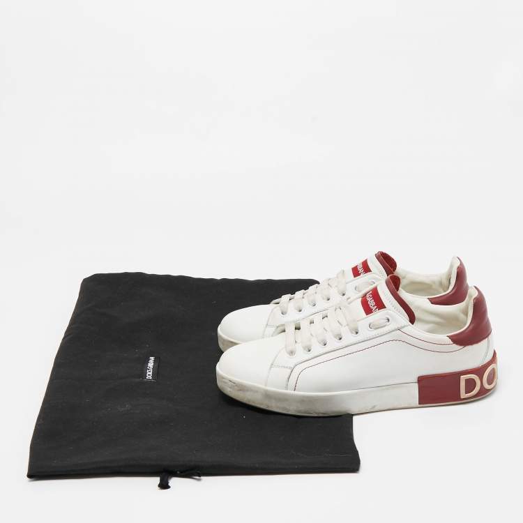 Pre Owned Dolce & Gabbana White/Red Leather Portofino Low Top Sneakers Size 39.5