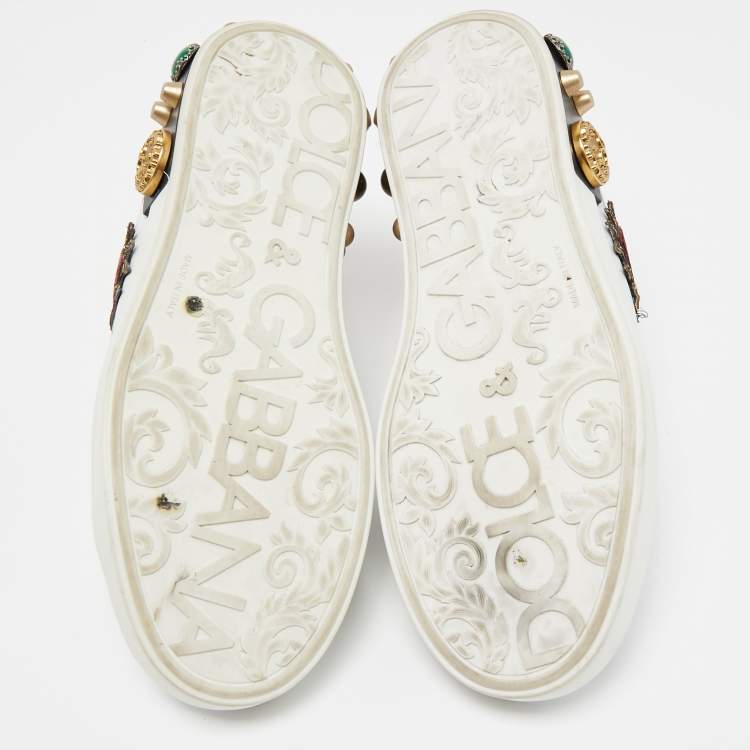 Pre Owned Dolce & Gabbana White Leather Portofino Graffiti Heart Applique Low Top Sneakers Size 41