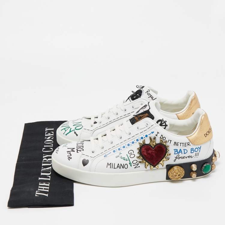 Pre Owned Dolce & Gabbana White Leather Portofino Graffiti Heart Applique Low Top Sneakers Size 41