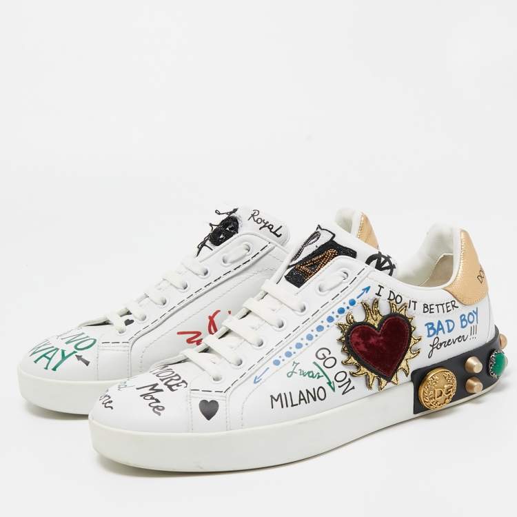 Pre Owned Dolce & Gabbana White Leather Portofino Graffiti Heart Applique Low Top Sneakers Size 41