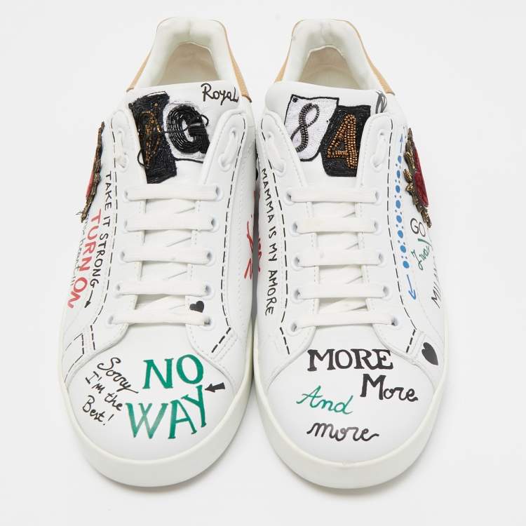 Pre Owned Dolce & Gabbana White Leather Portofino Graffiti Heart Applique Low Top Sneakers Size 41