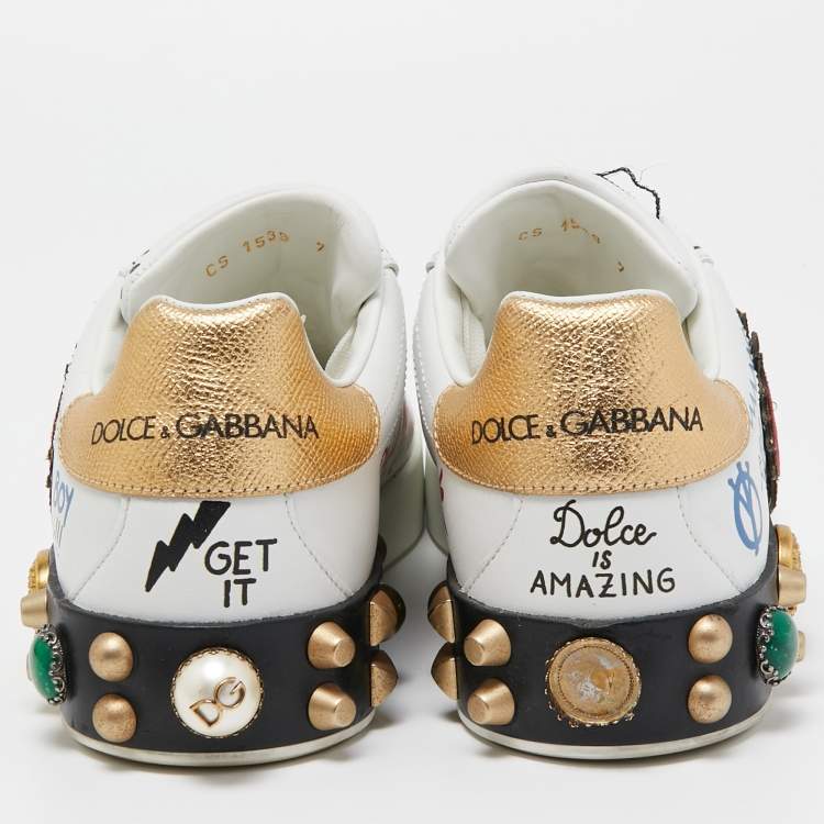 Pre Owned Dolce & Gabbana White Leather Portofino Graffiti Heart Applique Low Top Sneakers Size 41