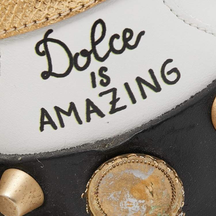 Pre Owned Dolce & Gabbana White Leather Portofino Graffiti Heart Applique Low Top Sneakers Size 41