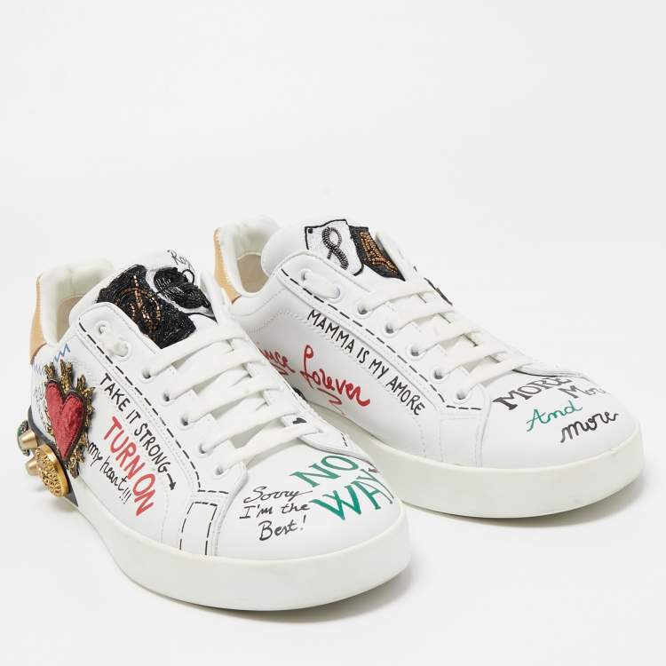 Pre Owned Dolce & Gabbana White Leather Portofino Graffiti Heart Applique Low Top Sneakers Size 41